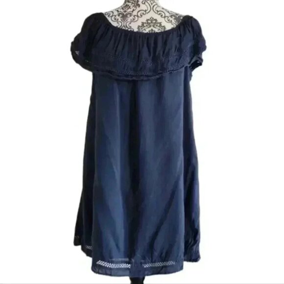Aritzia Wilfred Emmie Dress Navy Blue Modal Off Shoulder Ruffle Women's Small - Picture 2 of 12